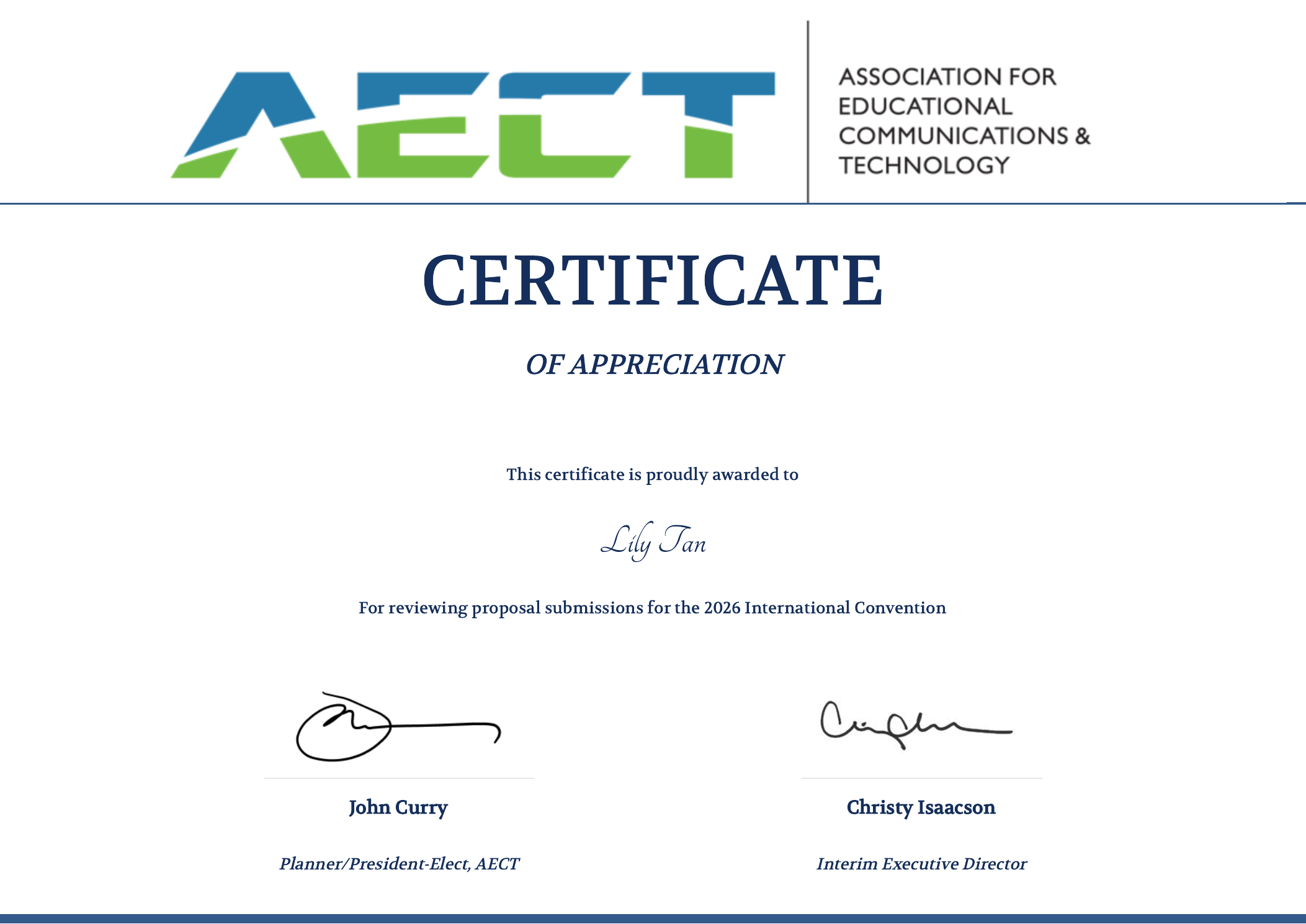 AECT certificate of appreciation awarded to Lily Tan for reviewing 2026 International Convention proposals